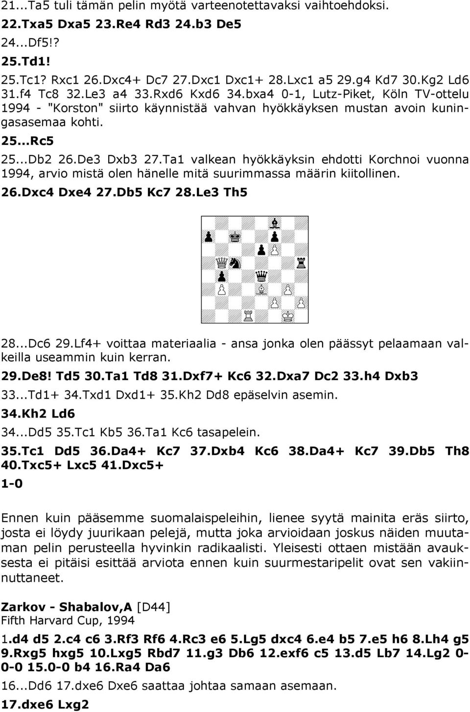 Ta1 valkean hyökkäyksin ehdotti Korchnoi vuonna 1994, arvio mistä olen hänelle mitä suurimmassa määrin kiitollinen. 26.Dxc4 Dxe4 27.Db5 Kc7 28.