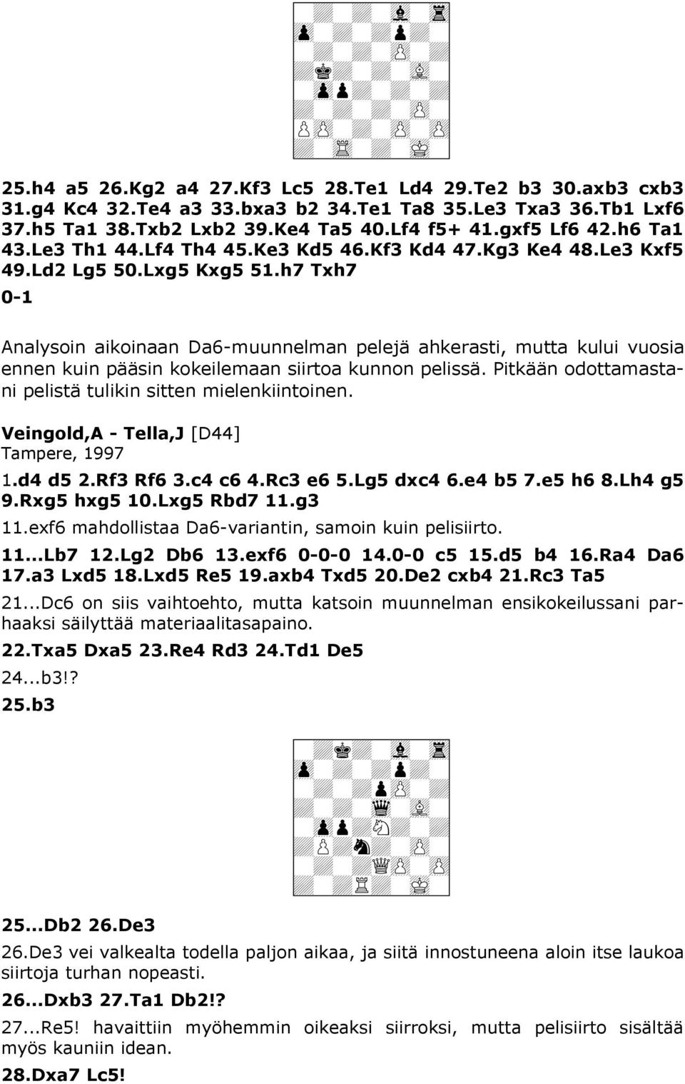 h7 Txh7 0-1 Analysoin aikoinaan Da6-muunnelman pelejä ahkerasti, mutta kului vuosia ennen kuin pääsin kokeilemaan siirtoa kunnon pelissä. Pitkään odottamastani pelistä tulikin sitten mielenkiintoinen.