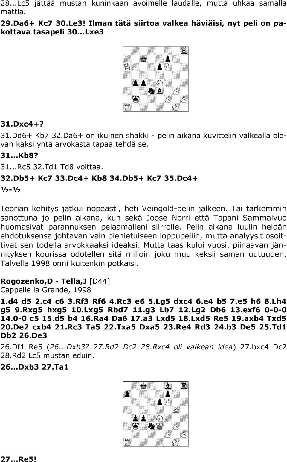Da6+ on ikuinen shakki - pelin aikana kuvittelin valkealla olevan kaksi yhtä arvokasta tapaa tehdä se. 31...Kb8? 31...Rc5 32.Td1 Td8 voittaa. 32.Db5+ Kc7 33.Dc4+ Kb8 34.Db5+ Kc7 35.