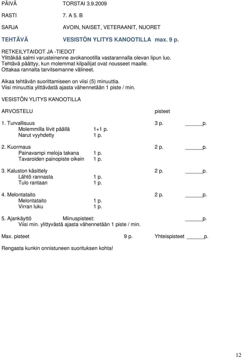 Ottakaa rannalta tarvitsemanne välineet. Aikaa tehtävän suorittamiseen on viisi (5) minuuttia. Viisi minuuttia ylittävästä ajasta vähennetään 1 piste / min.