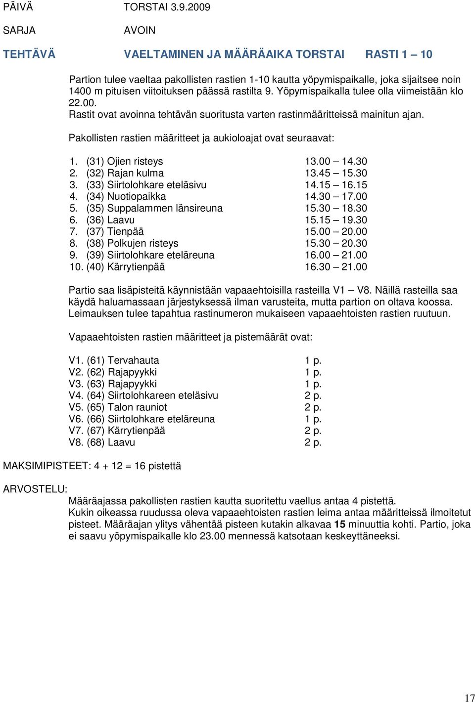 Yöpymispaikalla tulee olla viimeistään klo 22.00. Rastit ovat avoinna tehtävän suoritusta varten rastinmääritteissä mainitun ajan. Pakollisten rastien määritteet ja aukioloajat ovat seuraavat: 1.