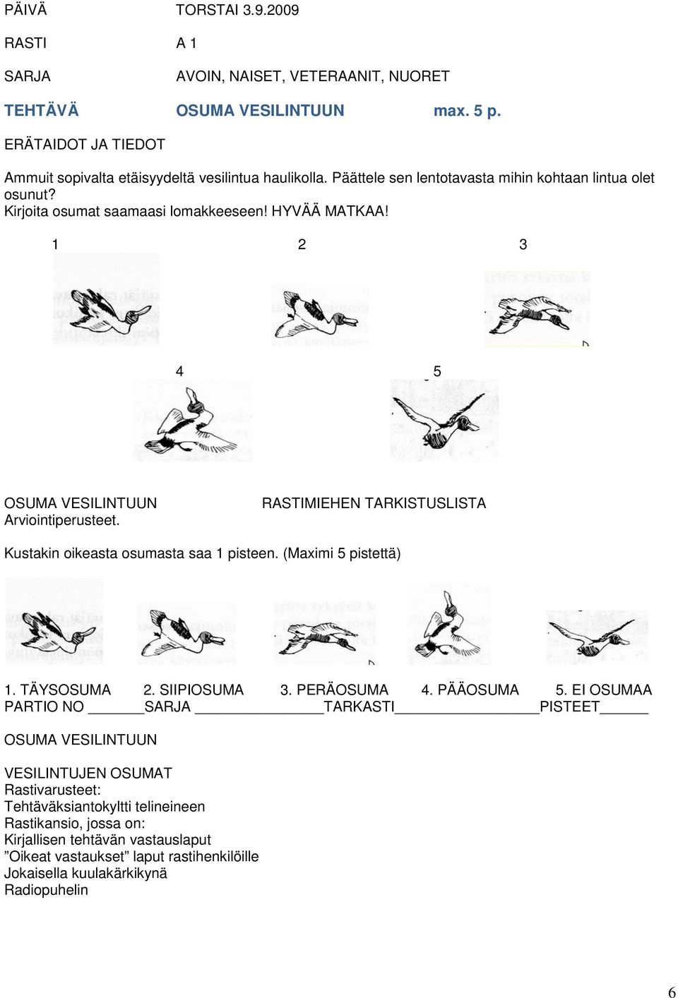 MIEHEN TARKISTUSLISTA Kustakin oikeasta osumasta saa 1 pisteen. (Maximi 5 pistettä) 1. TÄYSOSUMA 2. SIIPIOSUMA 3. PERÄOSUMA 4. PÄÄOSUMA 5.