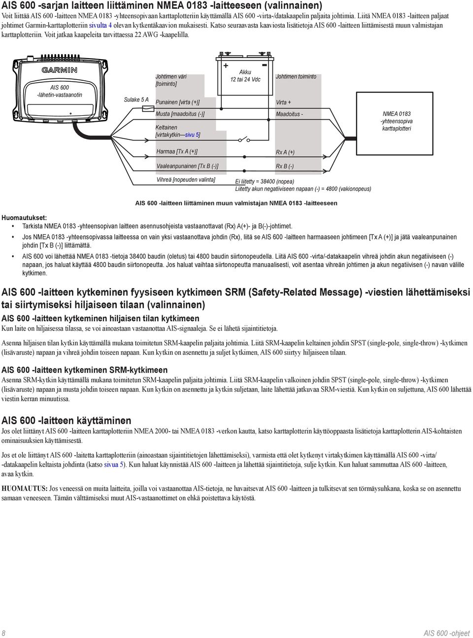 Katso seuraavasta kaaviosta lisätietoja AIS 600 -laitteen liittämisestä muun valmistajan karttaplotteriin. Voit jatkaa kaapeleita tarvittaessa 22 AWG -kaapelilla.