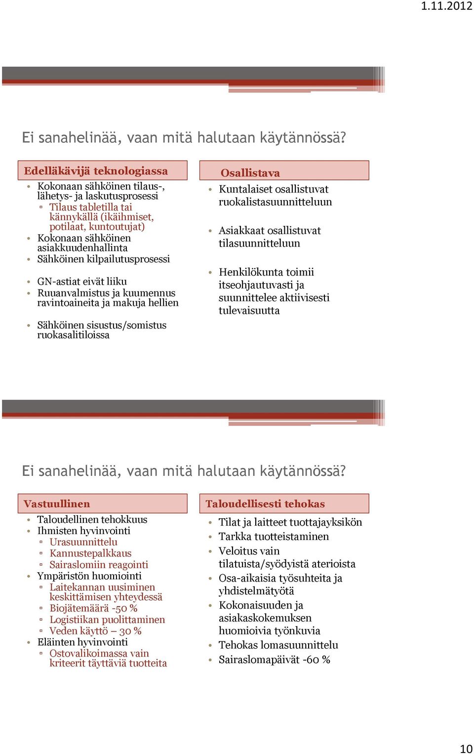 Sähköinen kilpailutusprosessi GN-astiat eivät liiku Ruuanvalmistus ja kuumennus ravintoaineita ja makuja hellien Sähköinen sisustus/somistus ruokasalitiloissa Osallistava Kuntalaiset osallistuvat