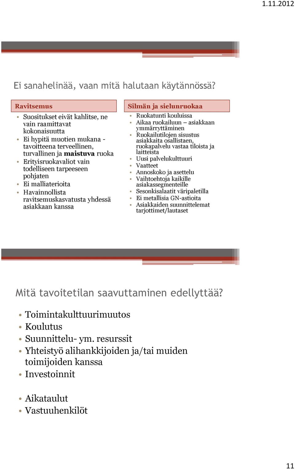 tarpeeseen pohjaten Ei malliaterioita Havainnollista ravitsemuskasvatusta yhdessä asiakkaan kanssa Silmän ja sielunruokaa Ruokatunti kouluissa Aikaa ruokailuun asiakkaan ymmärryttäminen