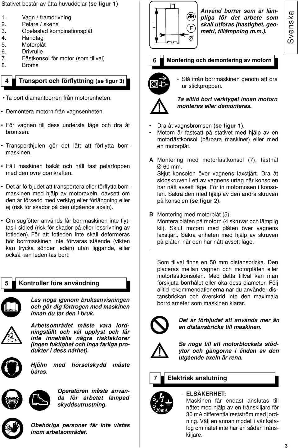 6 Montering och demontering av motorn Svenska 4 Transport och förflyttning (se figur 3) Ta bort diamantborren från motorenheten.