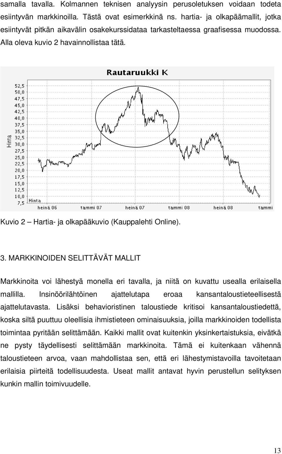 Kuvio 2 Hartia- ja olkapääkuvio (Kauppalehti Online). 3. MARKKINOIDEN SELITTÄVÄT MALLIT Markkinoita voi lähestyä monella eri tavalla, ja niitä on kuvattu usealla erilaisella mallilla.