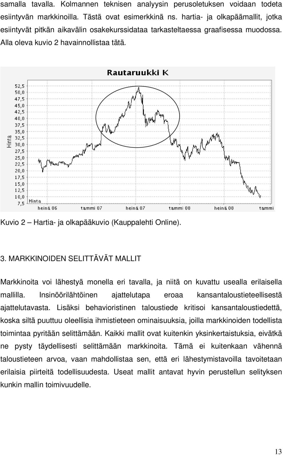 Kuvio 2 Hartia- ja olkapääkuvio (Kauppalehti Online). 3. MARKKINOIDEN SELITTÄVÄT MALLIT Markkinoita voi lähestyä monella eri tavalla, ja niitä on kuvattu usealla erilaisella mallilla.