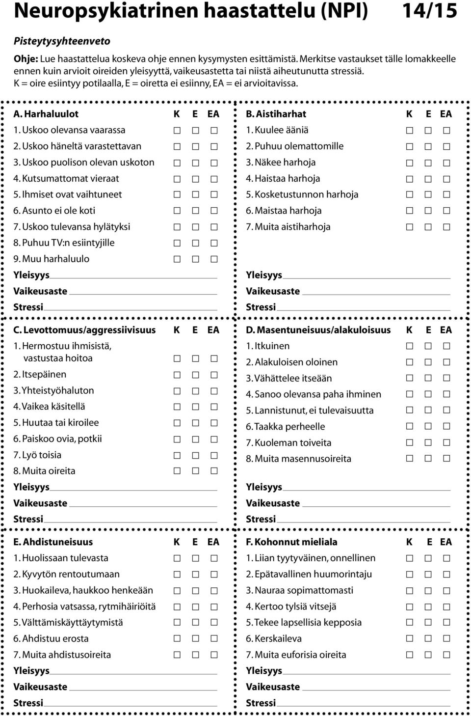 K = oire esiintyy potilaalla, E = oiretta ei esiinny, EA = ei arvioitavissa. A. Harhaluulot K E EA 1. Uskoo olevansa vaarassa 2. Uskoo häneltä varastettavan 3. Uskoo puolison olevan uskoton 4.