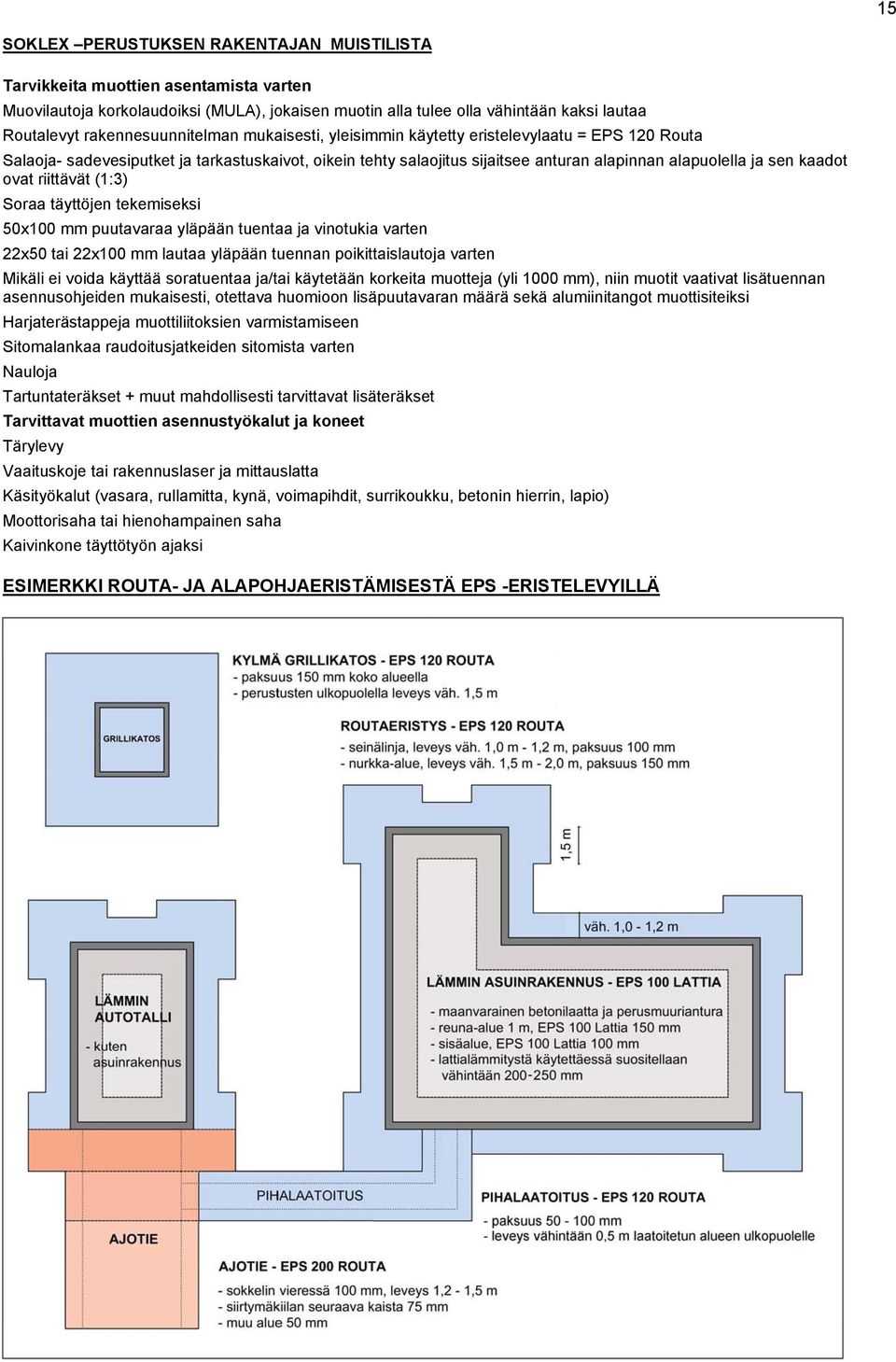 kaadot ovat riittävät (1:3) Soraa täyttöjen tekemiseksi 50x100 mm puutavaraa yläpään tuentaa ja vinotukia varten 22x50 tai 22x100 mm lautaa yläpään tuennan poikittaislautoja varten Mikäli ei voida