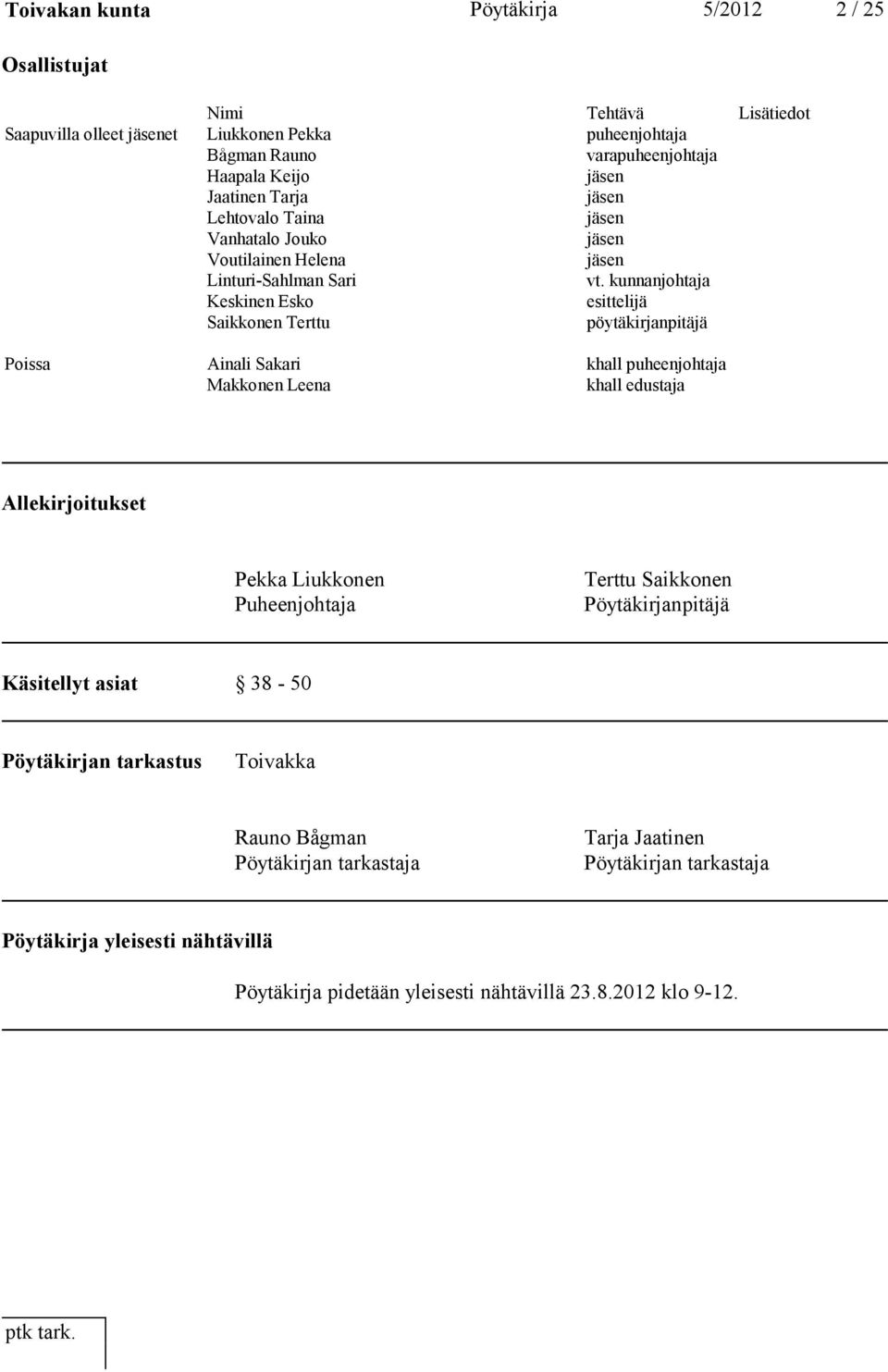 kunnanjohtaja Keskinen Esko esittelijä Saikkonen Terttu pöytäkirjanpitäjä Poissa Ainali Sakari khall puheenjohtaja Makkonen Leena khall edustaja Allekirjoitukset Pekka Liukkonen