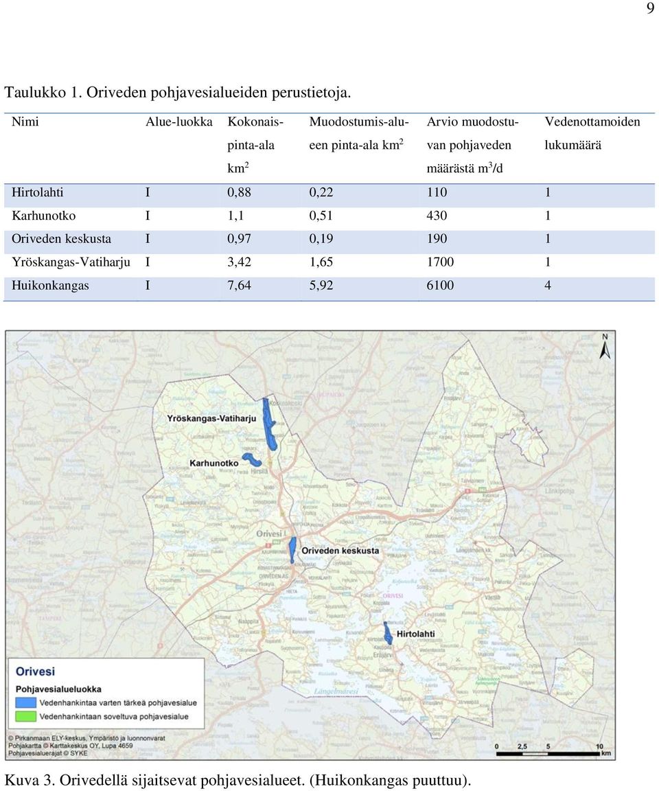 Vedenottamoiden lukumäärä km 2 määrästä m 3 /d Hirtolahti I 0,88 0,22 110 1 Karhunotko I 1,1 0,51 430 1