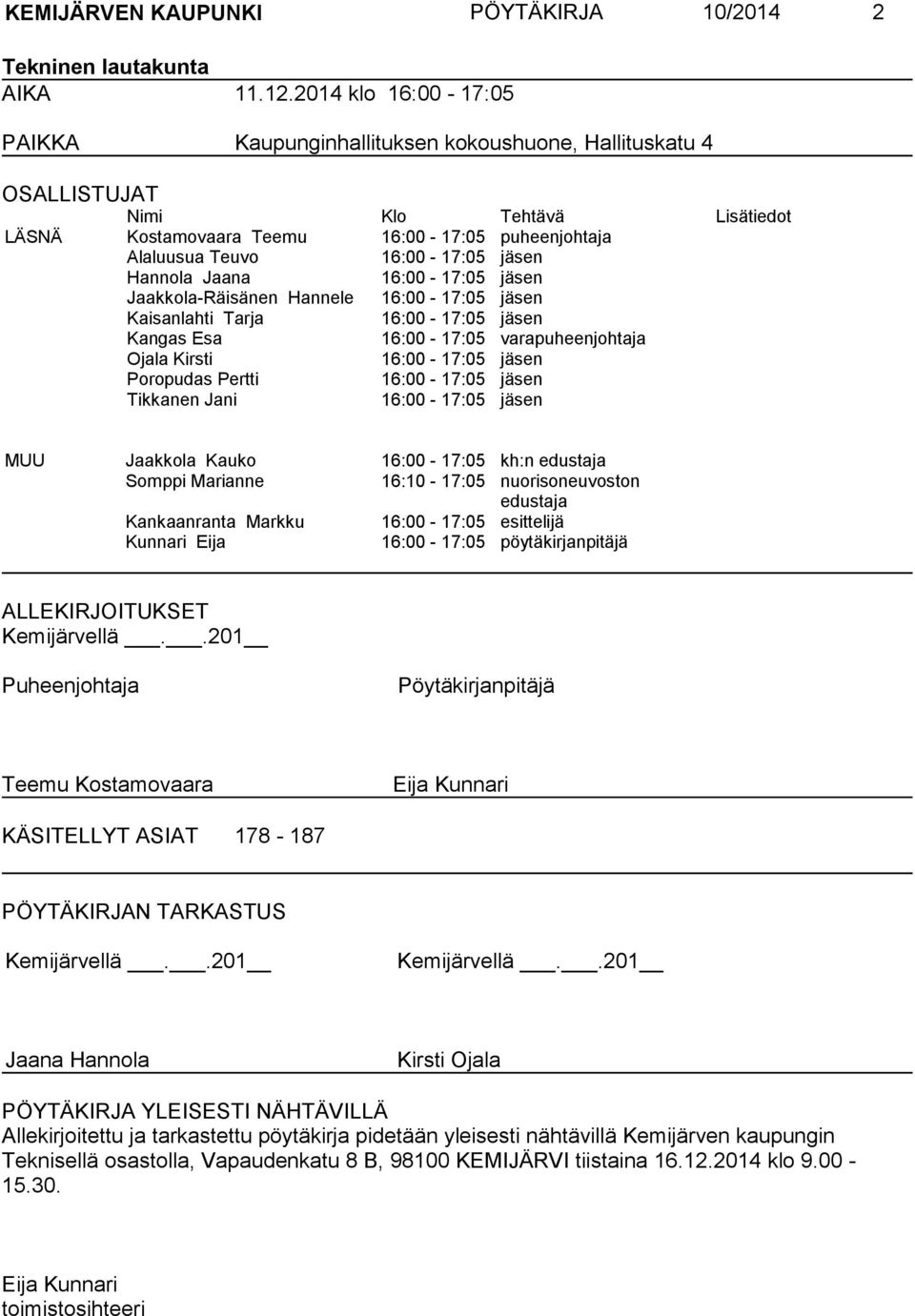 jäsen Hannola Jaana 16:00-17:05 jäsen Jaakkola-Räisänen Hannele 16:00-17:05 jäsen Kaisanlahti Tarja 16:00-17:05 jäsen Kangas Esa 16:00-17:05 varapuheenjohtaja Ojala Kirsti 16:00-17:05 jäsen Poropudas