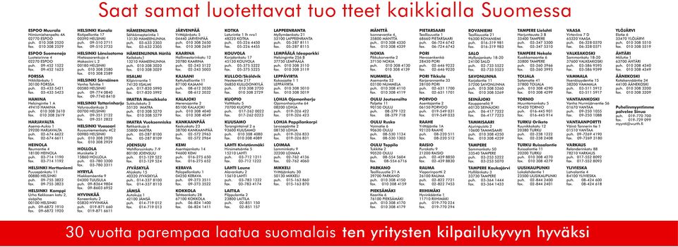 02-674 6622 fax. 02-674 6611 HEINOLA Reumantie 4 18100 HEINOLA puh. 03-714 1190 fax. 03-714 1192 HELSINKI Herttoniemi Puusepänkatu 11 00880 HELSINKI puh. 09-755 3822 fax.