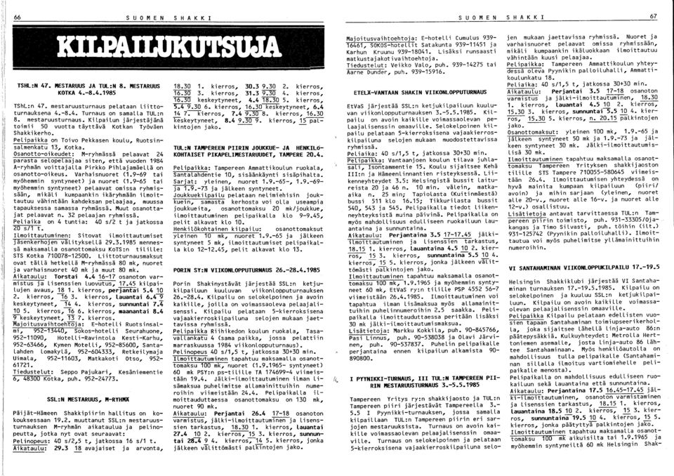 Osanotto-oikeudet: M-ryhmässä pelaavat 4 parasta selopelaajaa siten, että vuoden 1984 A-ryhmän voittajalla Pirkko Pihlajamäellä on osanotto-oikeus. Varhaisnuoret (1.