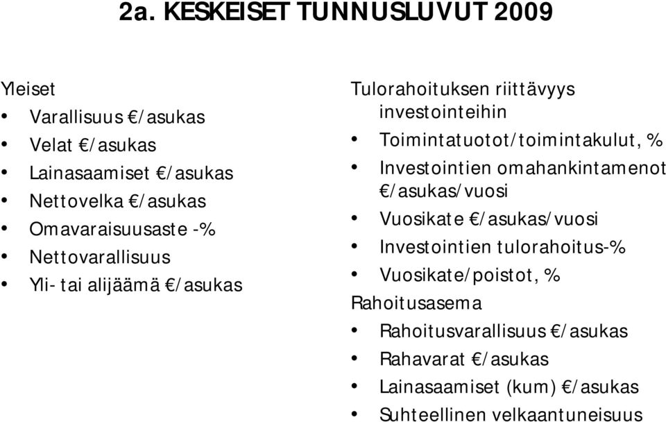 Toimintatuotot/toimintakulut, % Investointien omahankintamenot /asukas/vuosi Vuosikate /asukas/vuosi Investointien