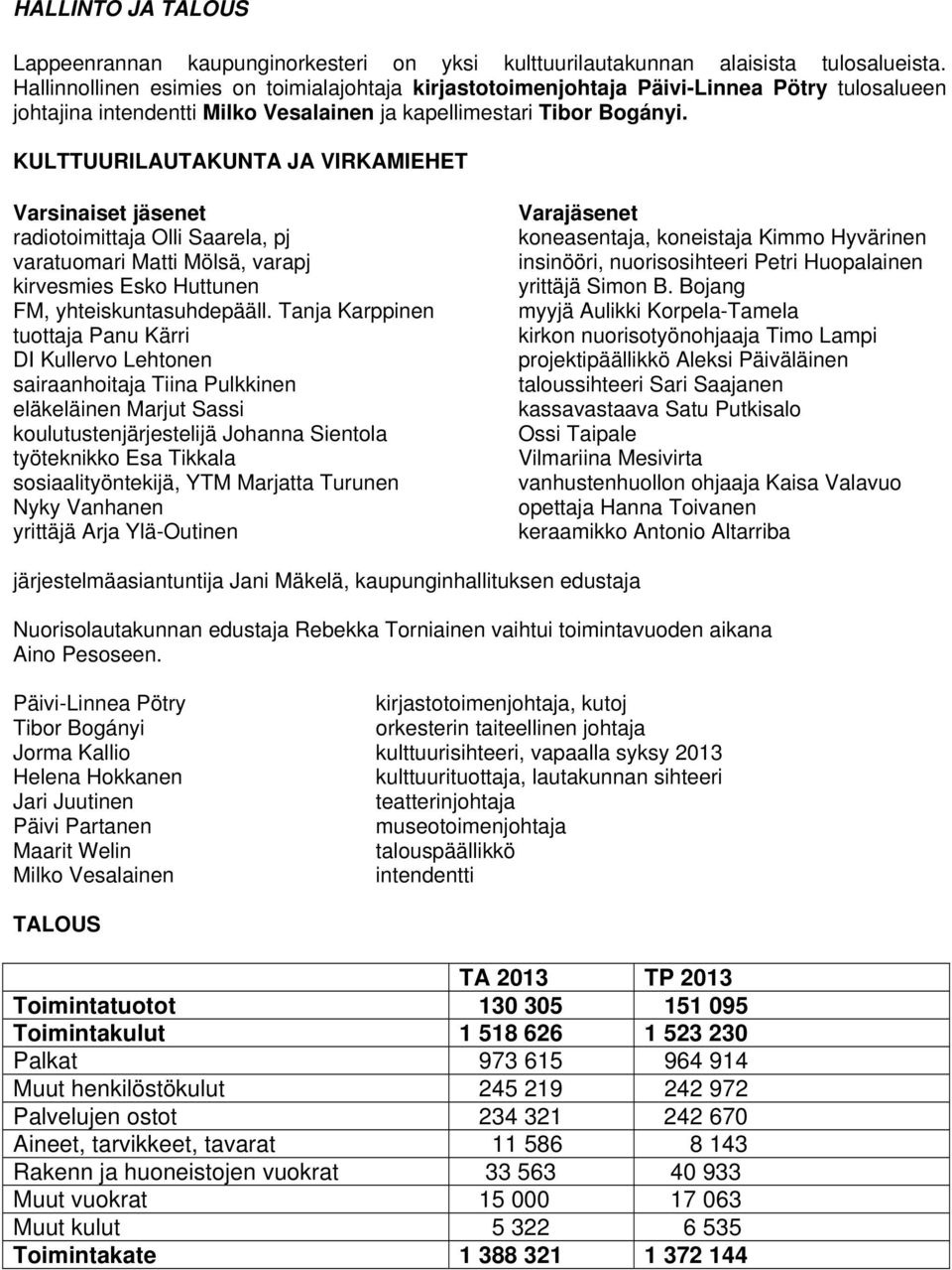 KULTTUURILAUTAKUNTA JA VIRKAMIEHET Varsinaiset jäsenet radiotoimittaja Olli Saarela, pj varatuomari Matti Mölsä, varapj kirvesmies Esko Huttunen FM, yhteiskuntasuhdepääll.