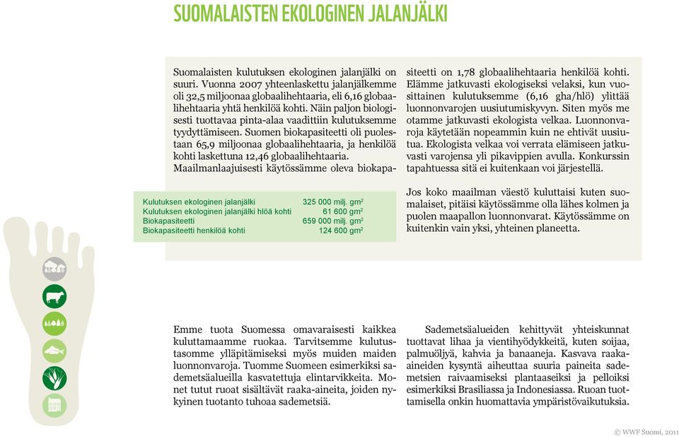 Vuonna 2007 yhteenlaskettu jalanjälkemme oli 32,5 miljoonaa globaalihehtaaria, eli 6,16 globaalihehtaaria yhtä henkilöä kohti.