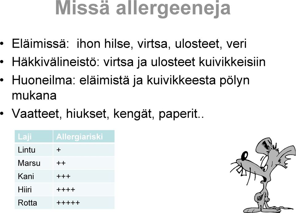 eläimistä ja kuivikkeesta pölyn mukana Vaatteet, hiukset, kengät,