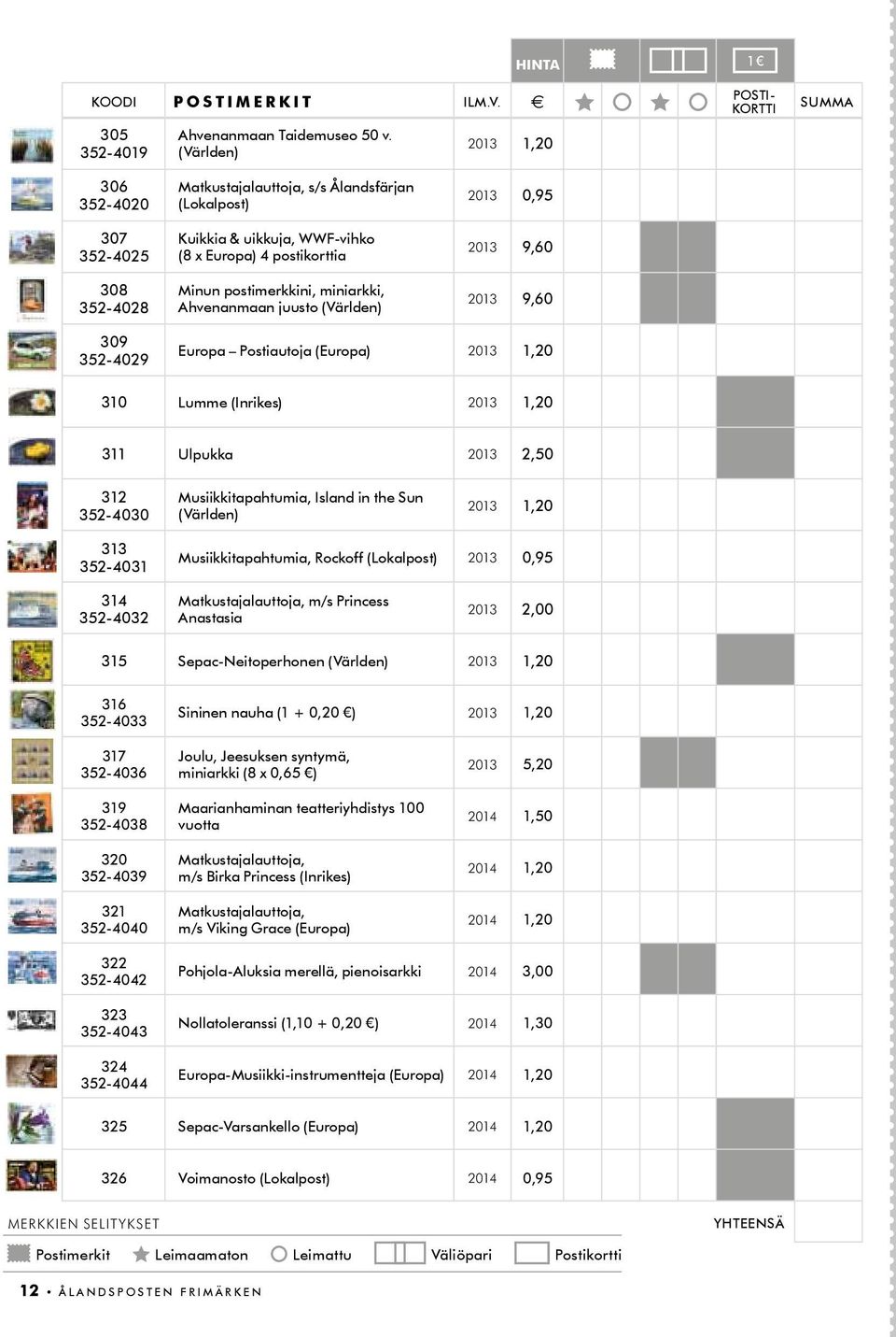 postimerkkini, miniarkki, Ahvenanmaan juusto (Världen) 2013 0,95 2013 9,60 2013 9,60 309 352-4029 Europa Postiautoja (Europa) 2013 1,20 310 Lumme (Inrikes) 2013 1,20 311 Ulpukka 2013 2,50 312