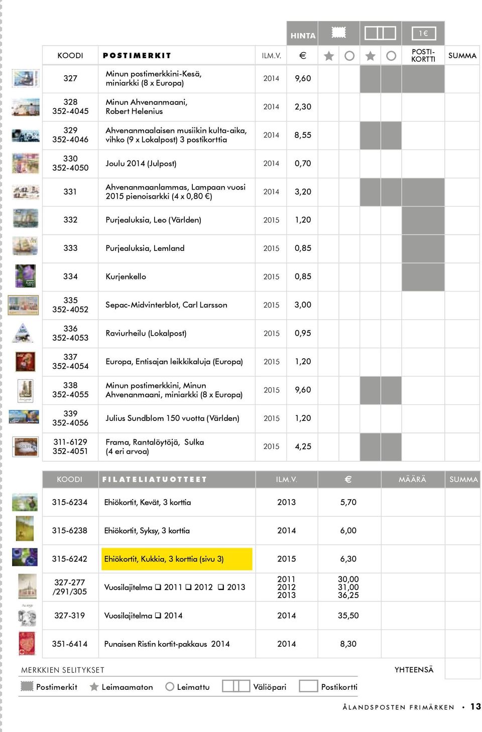 Lokalpost) 3 postikorttia 2014 2,30 2014 8,55 330 352-4050 Joulu 2014 (Julpost) 2014 0,70 331 Ahvenanmaanlammas, Lampaan vuosi 2015 pienoisarkki (4 x 0,80 ) 2014 3,20 332 Purjealuksia, Leo (Världen)