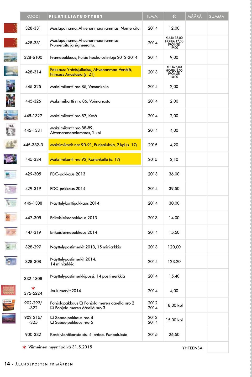 21) 2013 KULTA 6,00 HOPEA 8,00 PRONSSI 10,00 445-325 Maksimikortti nro 85, Varsankello 2014 2,00 445-326 Maksimikortti nro 86, Voimanosto 2014 2,00 445-1327 Maksimikortti nro 87, Kesä 2014 2,00