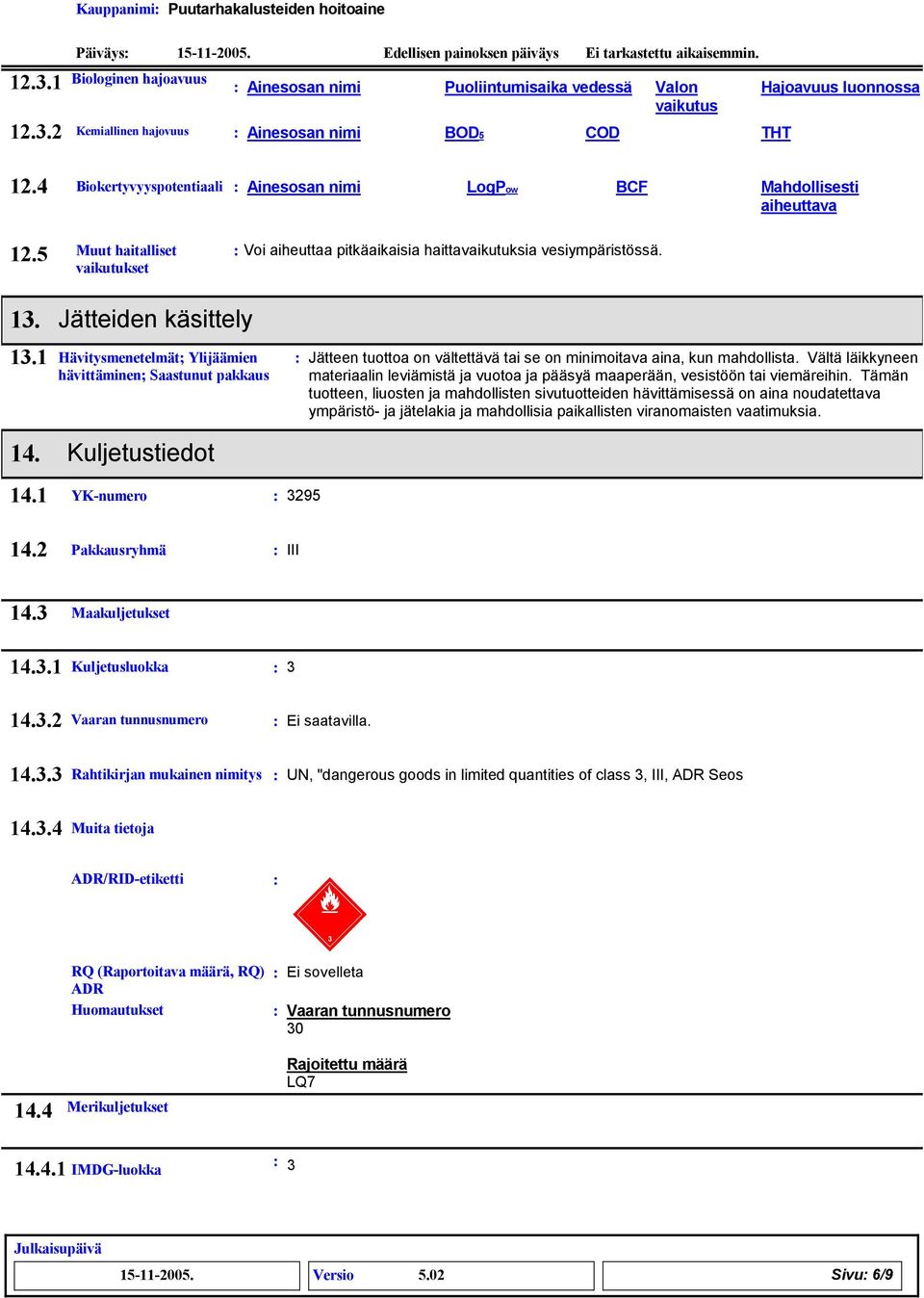 1 Hävitysmenetelmät; Ylijäämien hävittäminen; Saastunut pakkaus Jätteen tuottoa on vältettävä tai se on minimoitava aina, kun mahdollista.