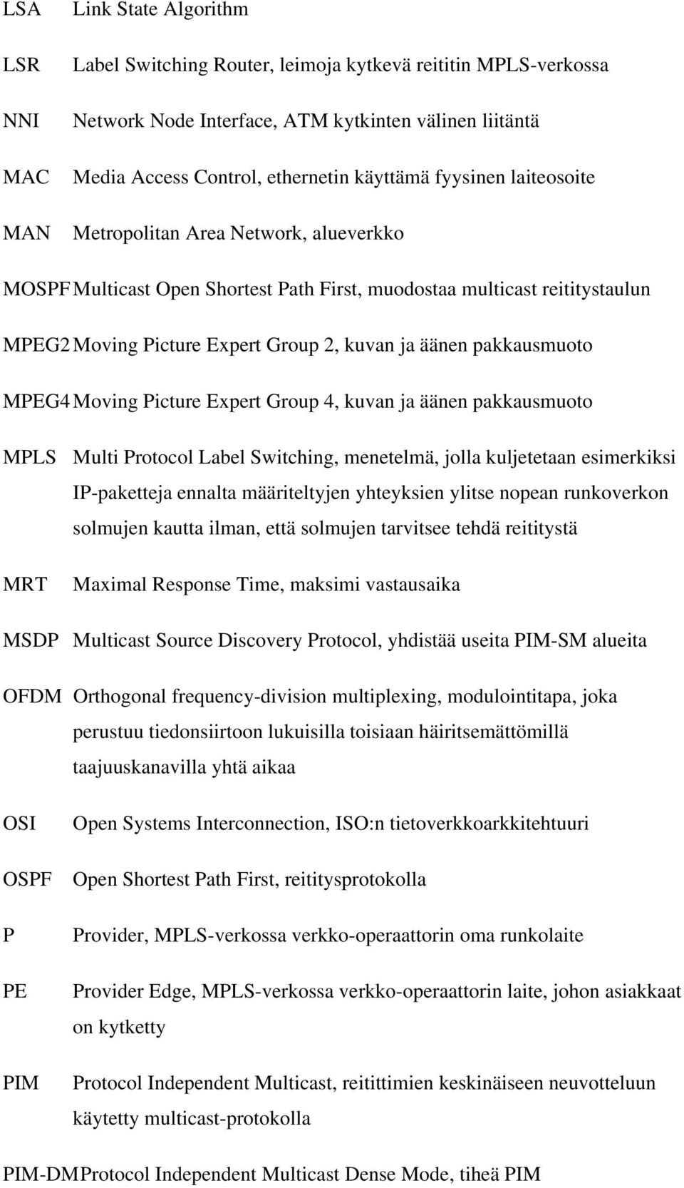 pakkausmuoto MPEG4 Moving Picture Expert Group 4, kuvan ja äänen pakkausmuoto MPLS Multi Protocol Label Switching, menetelmä, jolla kuljetetaan esimerkiksi IP-paketteja ennalta määriteltyjen