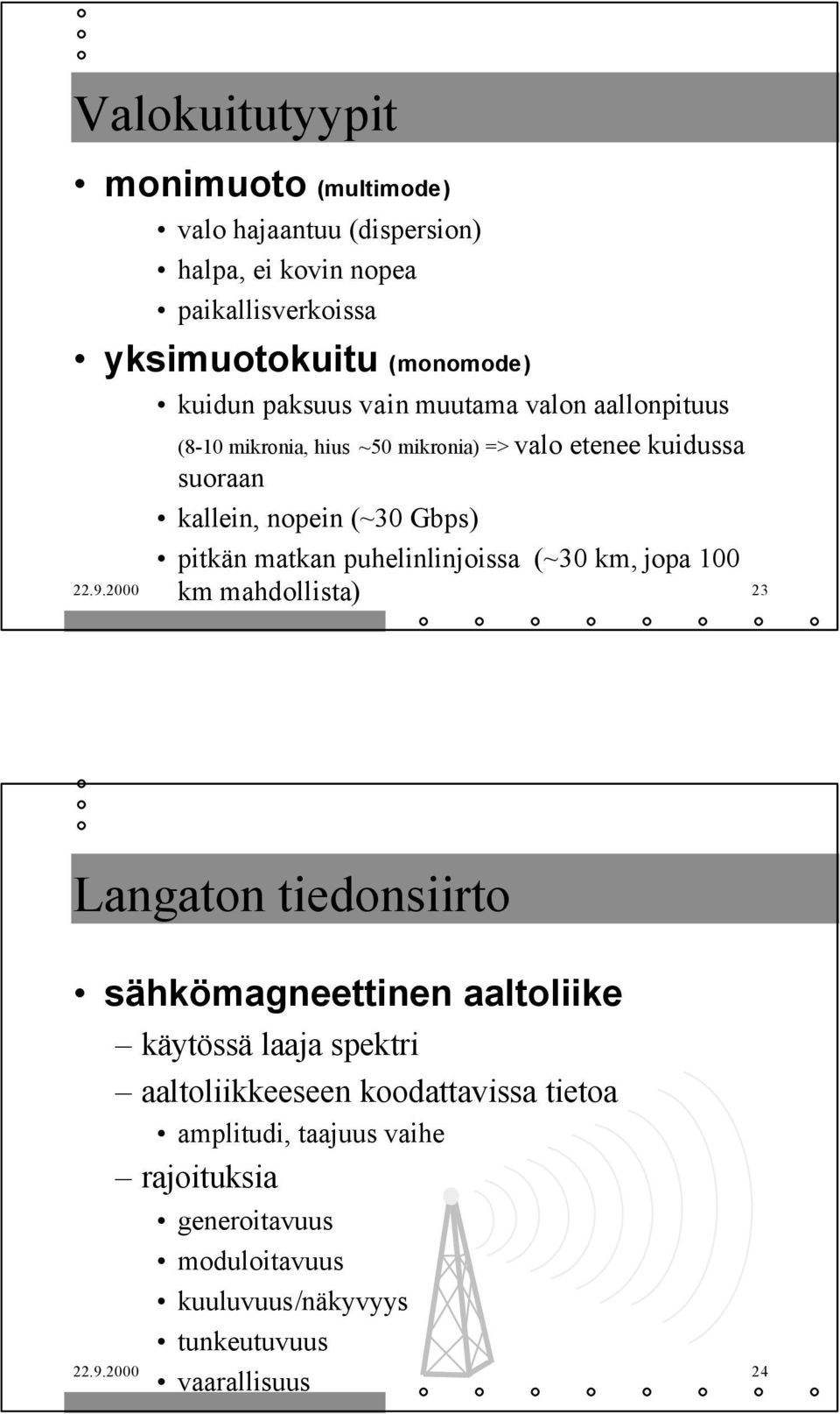 matkan puhelinlinjoissa (~30 km, jopa 100 km mahdollista) 22.9.