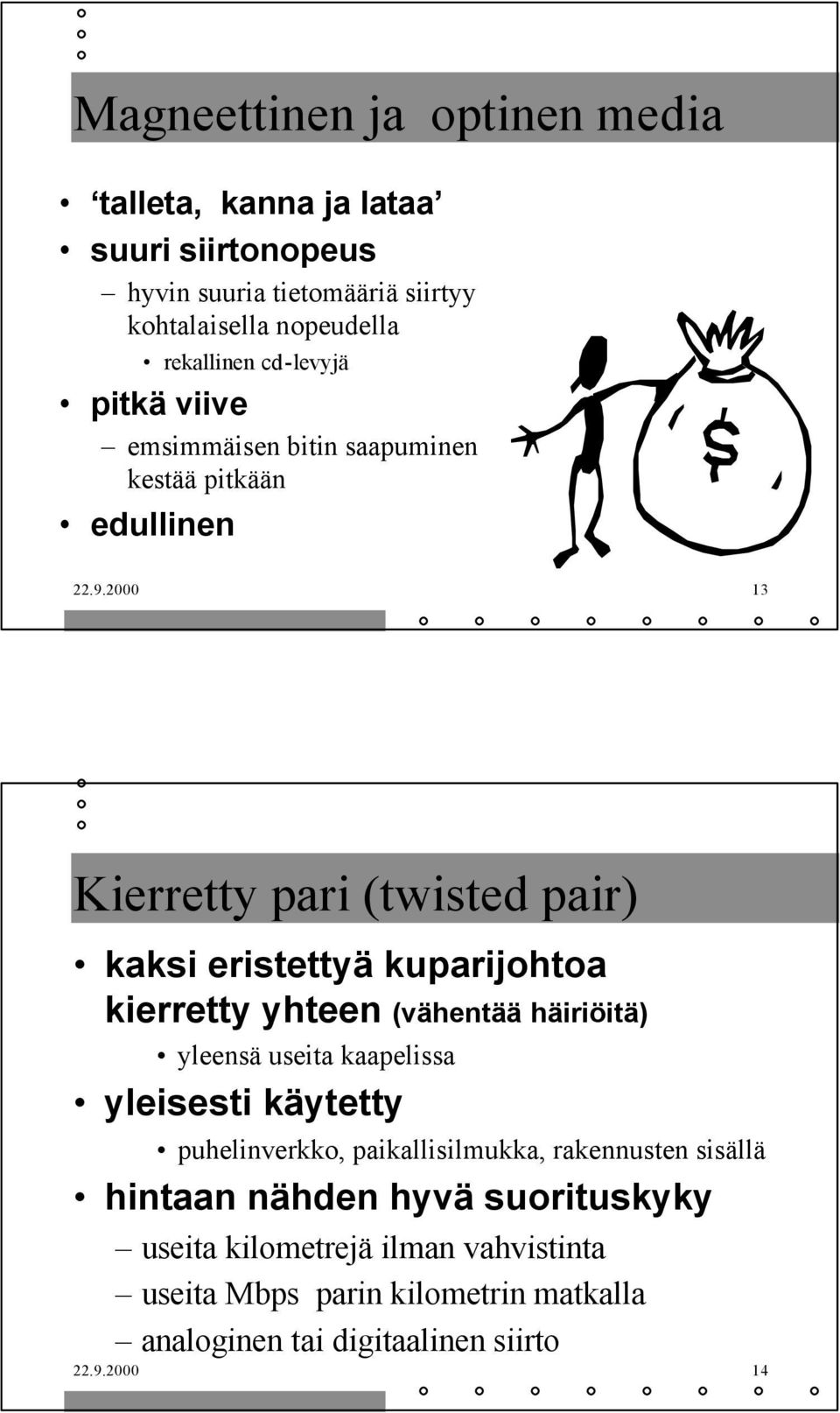 2000 13 Kierretty pari (twisted pair) kaksi eristettyä kuparijohtoa kierretty yhteen (vähentää häiriöitä) yleensä useita kaapelissa yleisesti