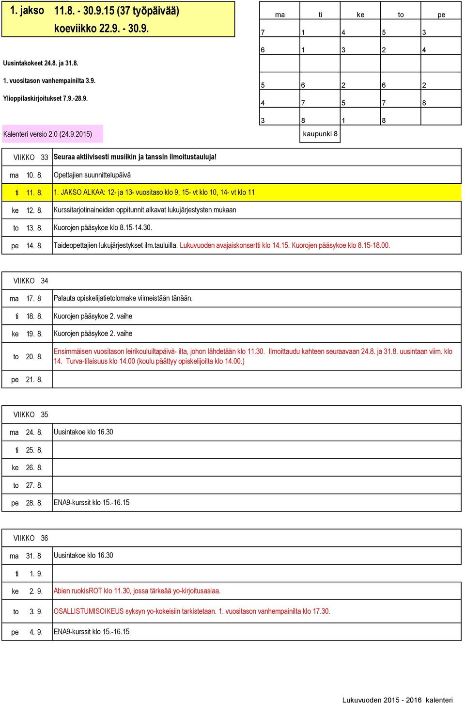 . 8. Opettajien suunnittelupäivä ti 11. 8. ke 12. 8. to 13. 8. pe 14. 8. 1. JAKSO ALKAA: 12- ja 13- vuositaso klo 9, 15- vt klo 10, 14- vt klo 11 Kurssitarjotinaineiden oppitunnit alkavat lukujärjestysten mukaan Kuorojen pääsykoe klo 8.