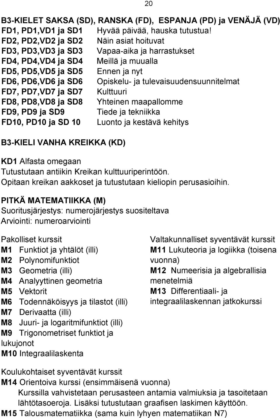 tulevaisuudensuunnitelmat FD7, PD7,VD7 ja SD7 Kulttuuri FD8, PD8,VD8 ja SD8 Yhteinen maapallomme FD9, PD9 ja SD9 Tiede ja tekniikka FD10, PD10 ja SD 10 Luonto ja kestävä kehitys B3-KIELI VANHA