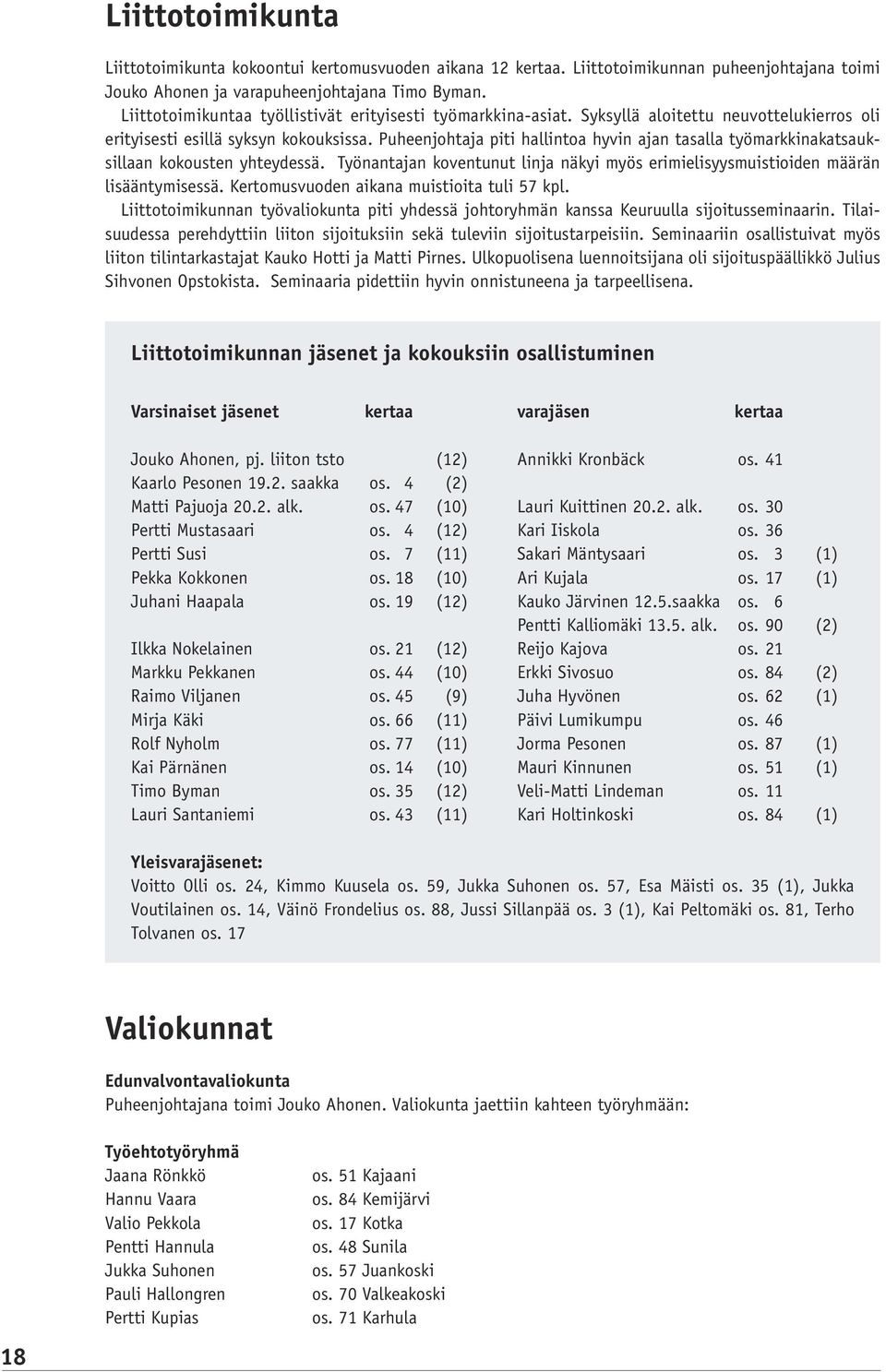 Puheenjohtaja piti hallintoa hyvin ajan tasalla työmarkkinakatsauksillaan kokousten yhteydessä. Työnantajan koventunut linja näkyi myös erimielisyysmuistioiden määrän lisääntymisessä.