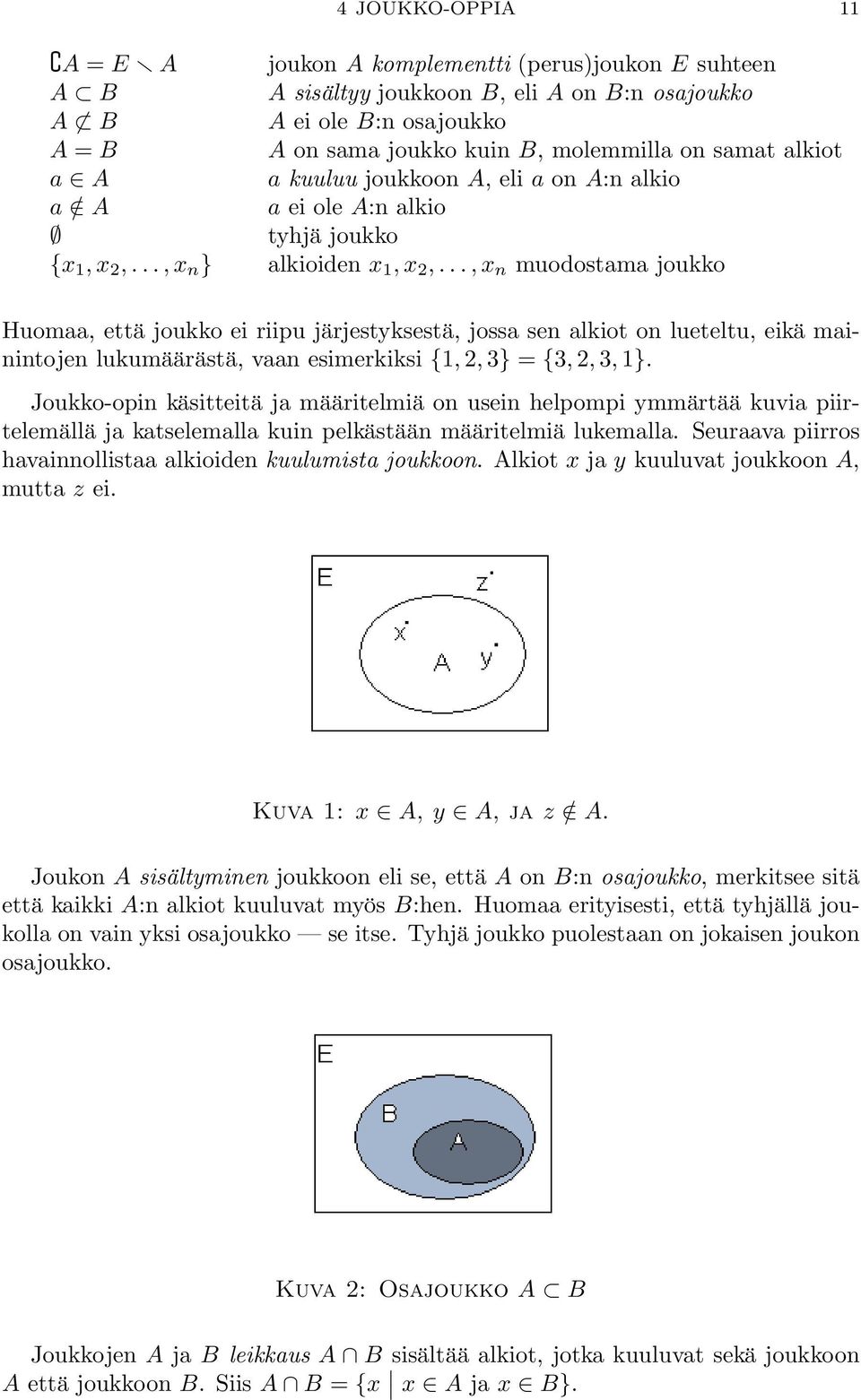 ..,x n muodostama joukko Huomaa, että joukko ei riipu järjestyksestä, jossa sen alkiot on lueteltu, eikä mainintojen lukumäärästä, vaan esimerkiksi {1, 2, 3} = {3, 2, 3, 1}.