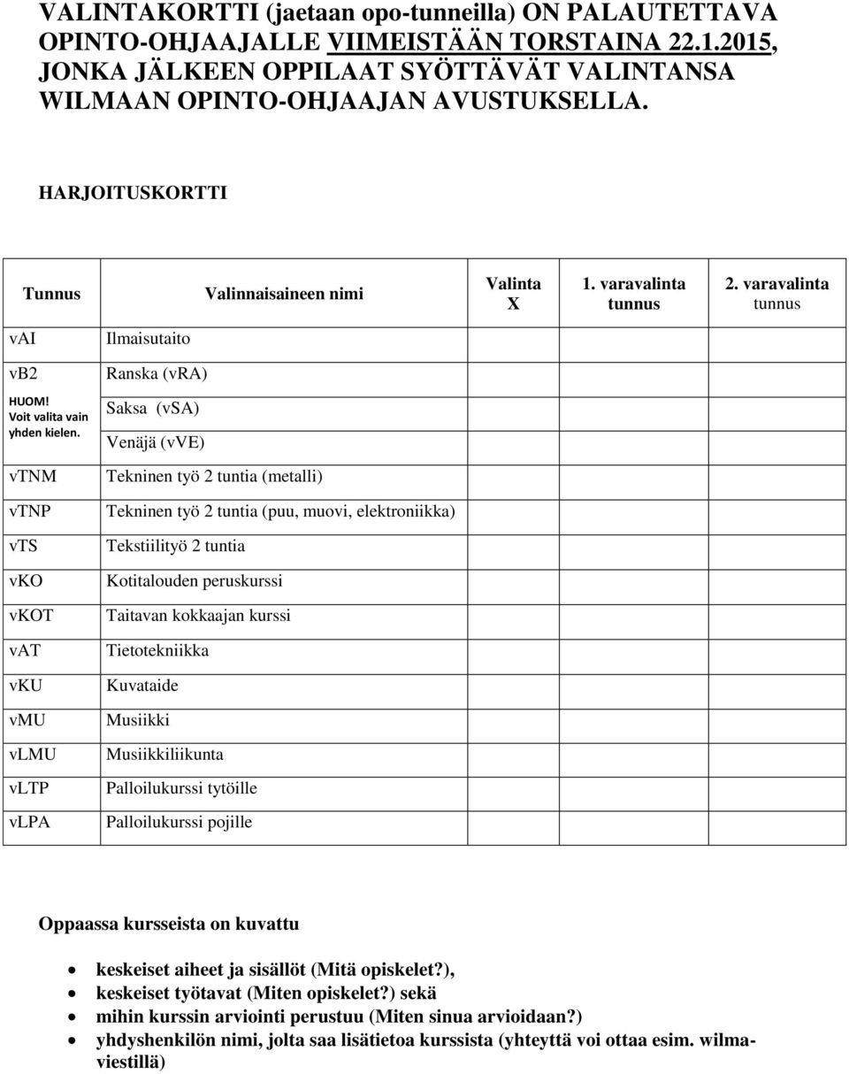 vtnm vtnp vts vko vkot vat vku vmu vlmu vltp vlpa Ilmaisutaito Ranska (vra) Saksa (vsa) Venäjä (vve) Tekninen työ 2 tuntia (metalli) Tekninen työ 2 tuntia (puu, muovi, elektroniikka) Tekstiilityö 2