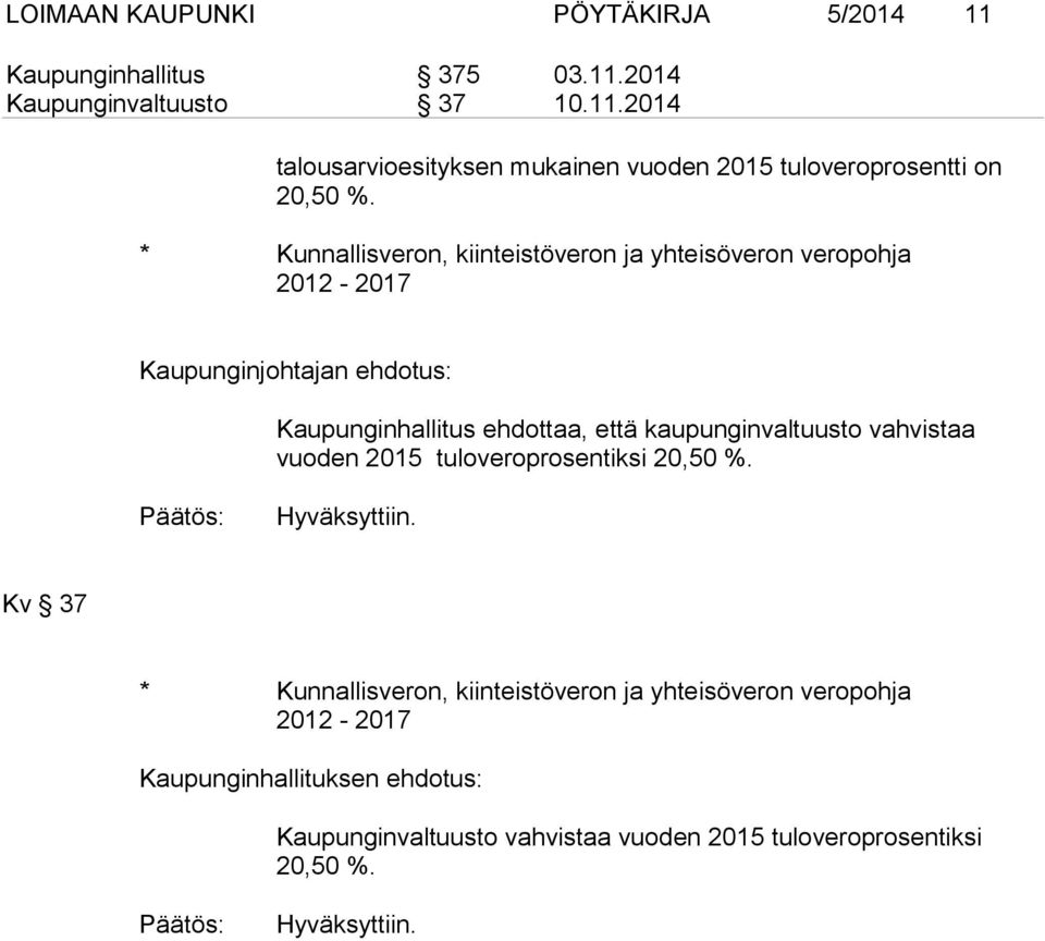 kaupunginvaltuusto vahvistaa vuoden 2015 tuloveroprosentiksi 20,50 %.