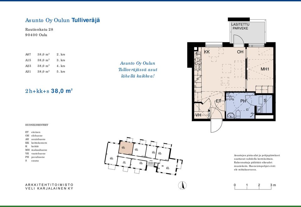 PY SK JK AP/MU VAR PA ET VAR PP / KV IV-KONE PH MH1 S VH HUONELYHENTEET ET eteinen OH olohuone AH asuinhuone KK keittokomero K