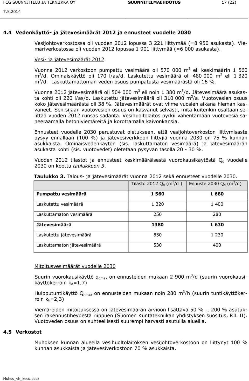 Viemäriverkostossa oli vuoden 2012 lopussa 1 901 liittymää (=6 000 asukasta). Vesi- ja jätevesimäärät 2012 Vuonna 2012 verkostoon pumpattu vesimäärä oli 570 000 m 3 eli keskimäärin 1 560 m 3 /d.