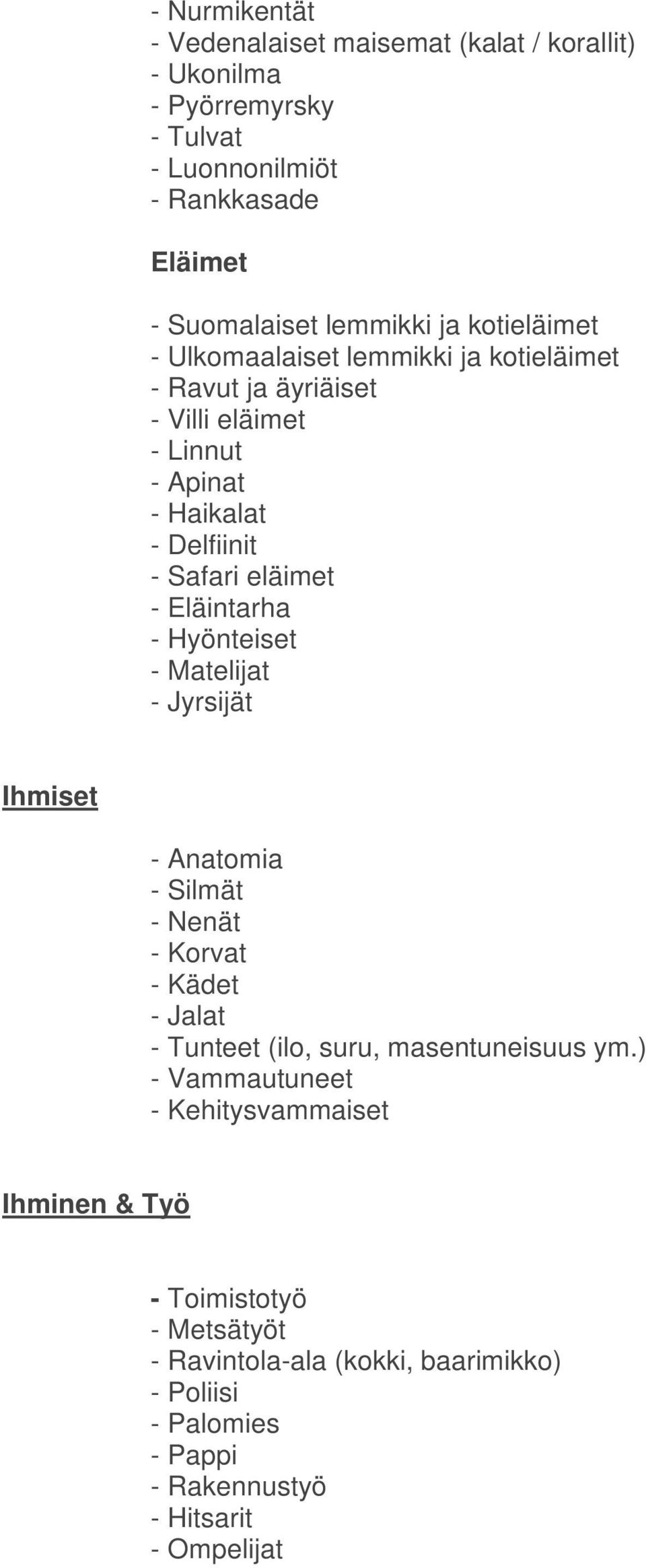 Eläintarha - Hyönteiset - Matelijat - Jyrsijät Ihmiset - Anatomia - Silmät - Nenät - Korvat - Kädet - Jalat - Tunteet (ilo, suru, masentuneisuus ym.