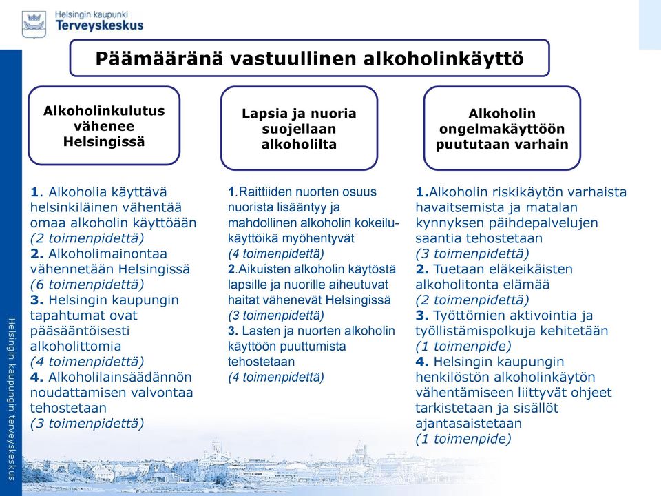 Helsingin kaupungin tapahtumat ovat pääsääntöisesti alkoholittomia (4 toimenpidettä) 4. Alkoholilainsäädännön noudattamisen valvontaa tehostetaan (3 toimenpidettä) 1.