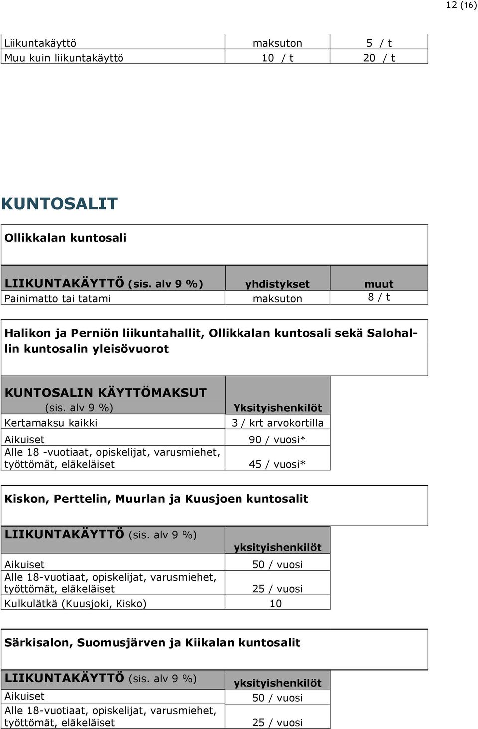 alv 9 %) Kertamaksu kaikki Aikuiset Alle 18 -vuotiaat, opiskelijat, varusmiehet, työttömät, eläkeläiset Yksityishenkilöt 3 / krt arvokortilla 90 / vuosi* 45 / vuosi* Kiskon, Perttelin, Muurlan ja