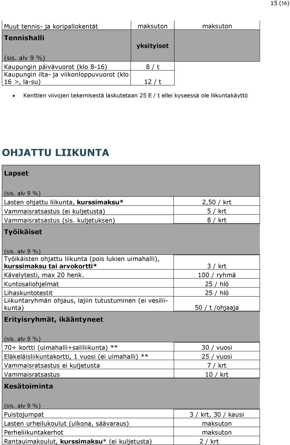 liikuntakäyttö OHJATTU LIIKUNTA Lapset (sis. alv 9 %) Lasten ohjattu liikunta, kurssimaksu* Vammaisratsastus (ei kuljetusta) Vammaisratsastus (sis.