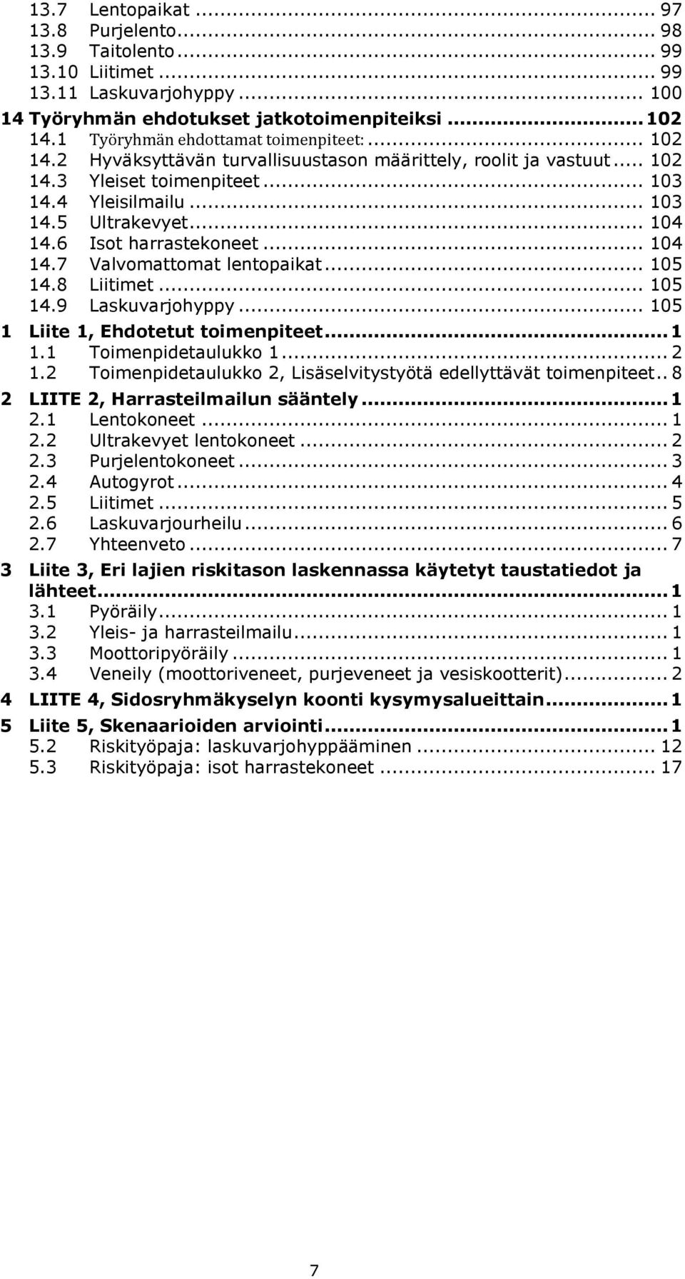 .. 104 14.6 Isot harrastekoneet... 104 14.7 Valvomattomat lentopaikat... 105 14.8 Liitimet... 105 14.9 Laskuvarjohyppy... 105 1 Liite 1, Ehdotetut toimenpiteet... 1 1.1 Toimenpidetaulukko 1... 2 1.