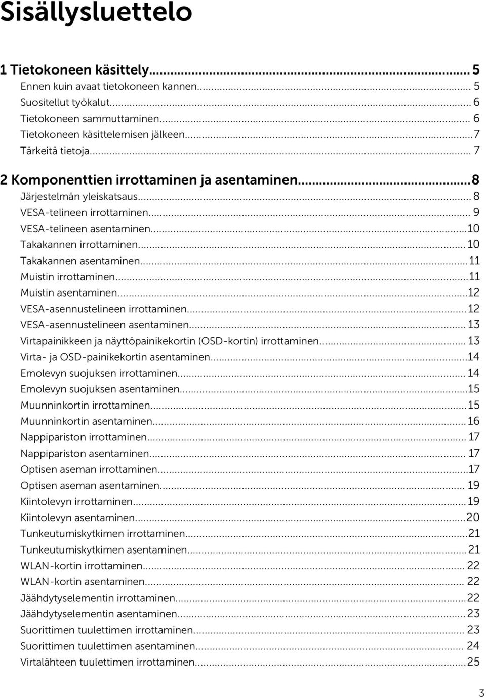 ..11 Muistin irrottaminen...11 Muistin asentaminen...12 VESA-asennustelineen irrottaminen...12 VESA-asennustelineen asentaminen... 13 Virtapainikkeen ja näyttöpainikekortin (OSD-kortin) irrottaminen.