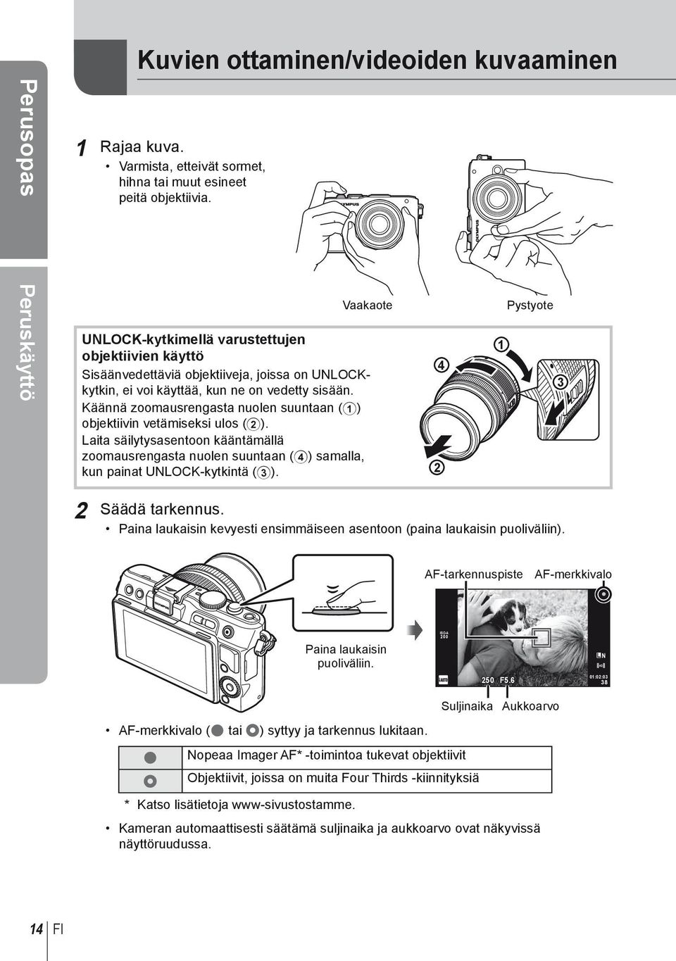 Käännä zoomausrengasta nuolen suuntaan (1) objektiivin vetämiseksi ulos (2). Laita säilytysasentoon kääntämällä zoomausrengasta nuolen suuntaan (4) samalla, kun painat UNLOCK-kytkintä (3).