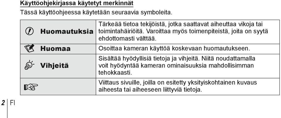 Varoittaa myös toimenpiteistä, joita on syytä ehdottomasti välttää. $ Huomaa Osoittaa kameran käyttöä koskevaan huomautukseen.