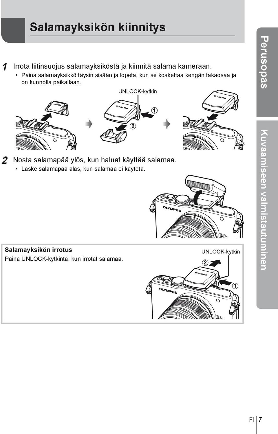 UNLOCK-kytkin Perusopas 1 2 Nosta salamapää ylös, kun haluat käyttää salamaa.