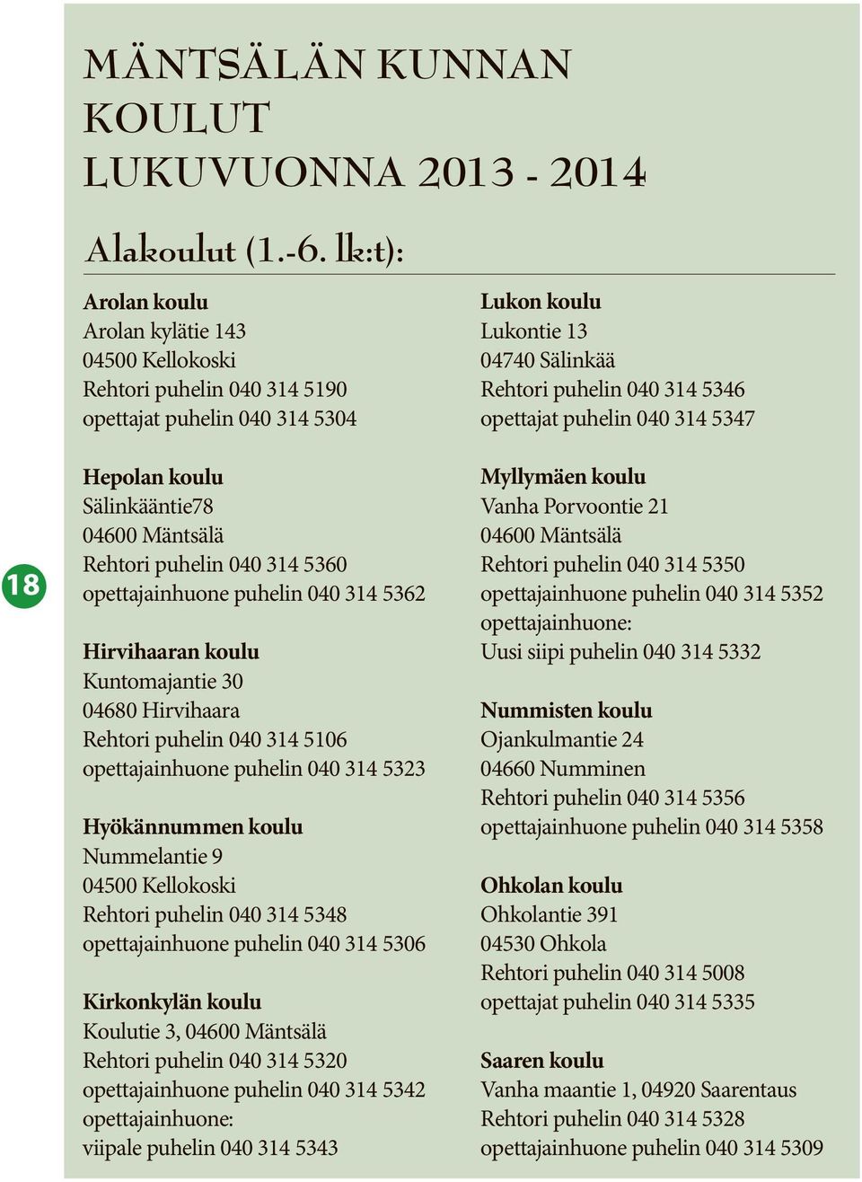 opettajainhuone puhelin 040 314 5362 Hirvihaaran koulu Kuntomajantie 30 04680 Hirvihaara Rehtori puhelin 040 314 5106 opettajainhuone puhelin 040 314 5323 Hyökännummen koulu Nummelantie 9 04500