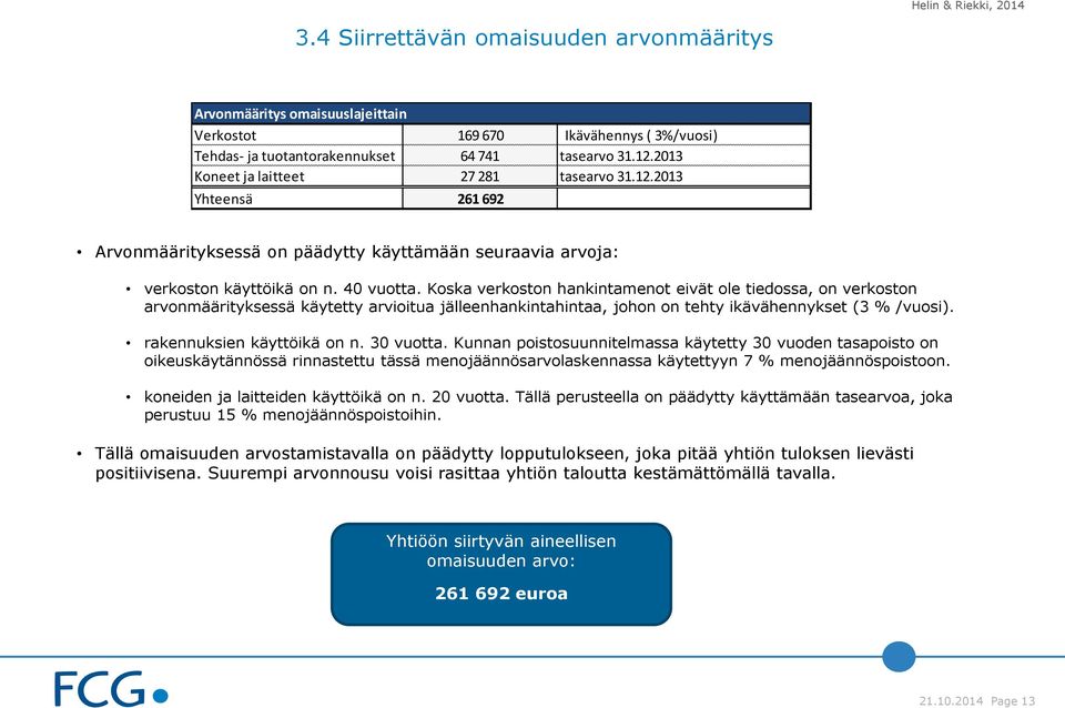 Koska verkoston hankintamenot eivät ole tiedossa, on verkoston arvonmäärityksessä käytetty arvioitua jälleenhankintahintaa, johon on tehty ikävähennykset (3 % /vuosi). rakennuksien käyttöikä on n.