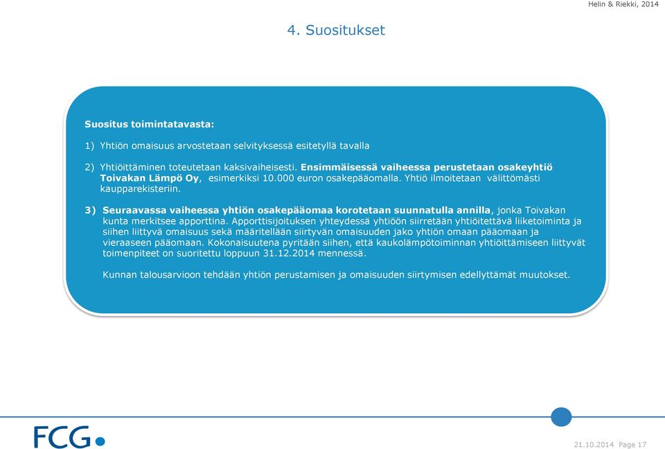 3) Seuraavassa vaiheessa yhtiön osakepääomaa korotetaan suunnatulla annilla, jonka Toivakan kunta merkitsee apporttina.